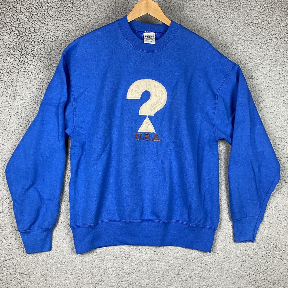 Vintage Guess Mens Sweatshirt XL Blue Made in USA Sweater Spell Out Embroidered‎